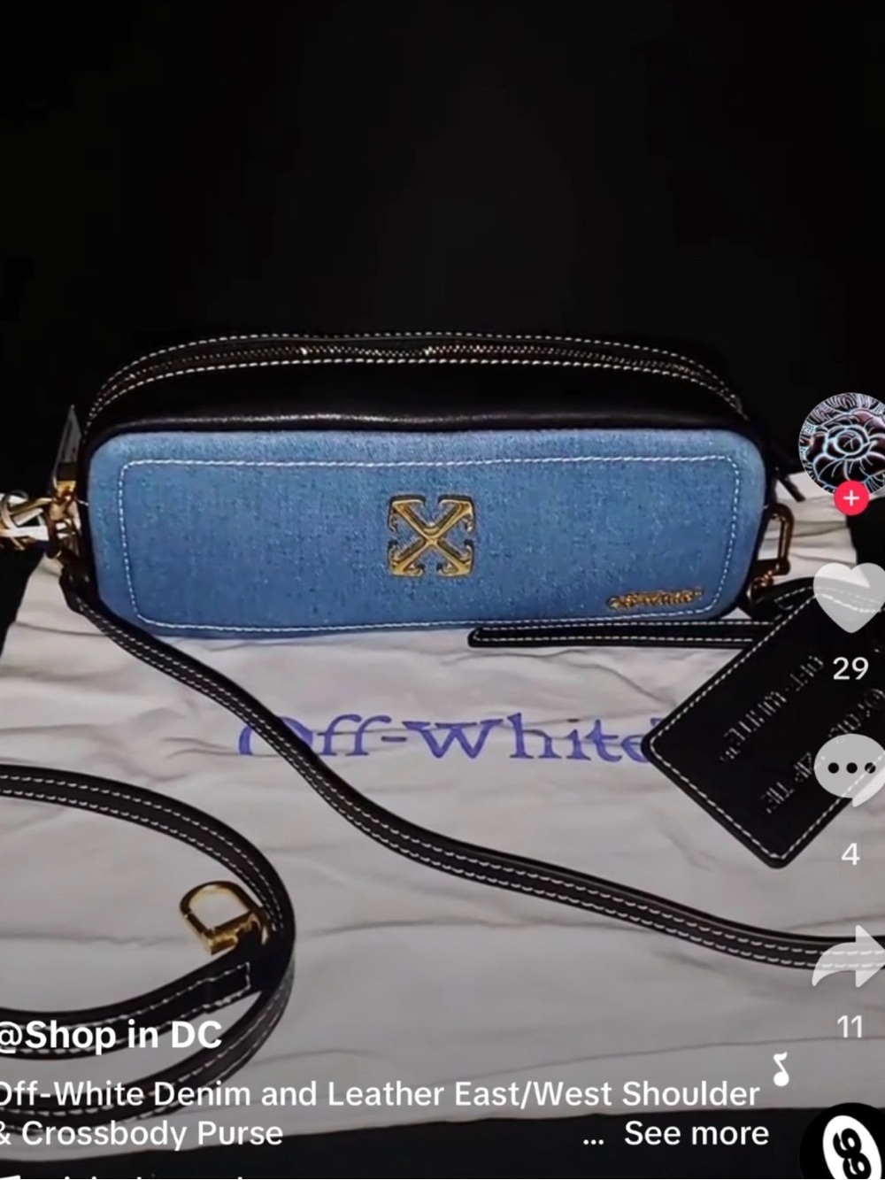 Off-White Blue Denim and Black Leather East/West Crossbody